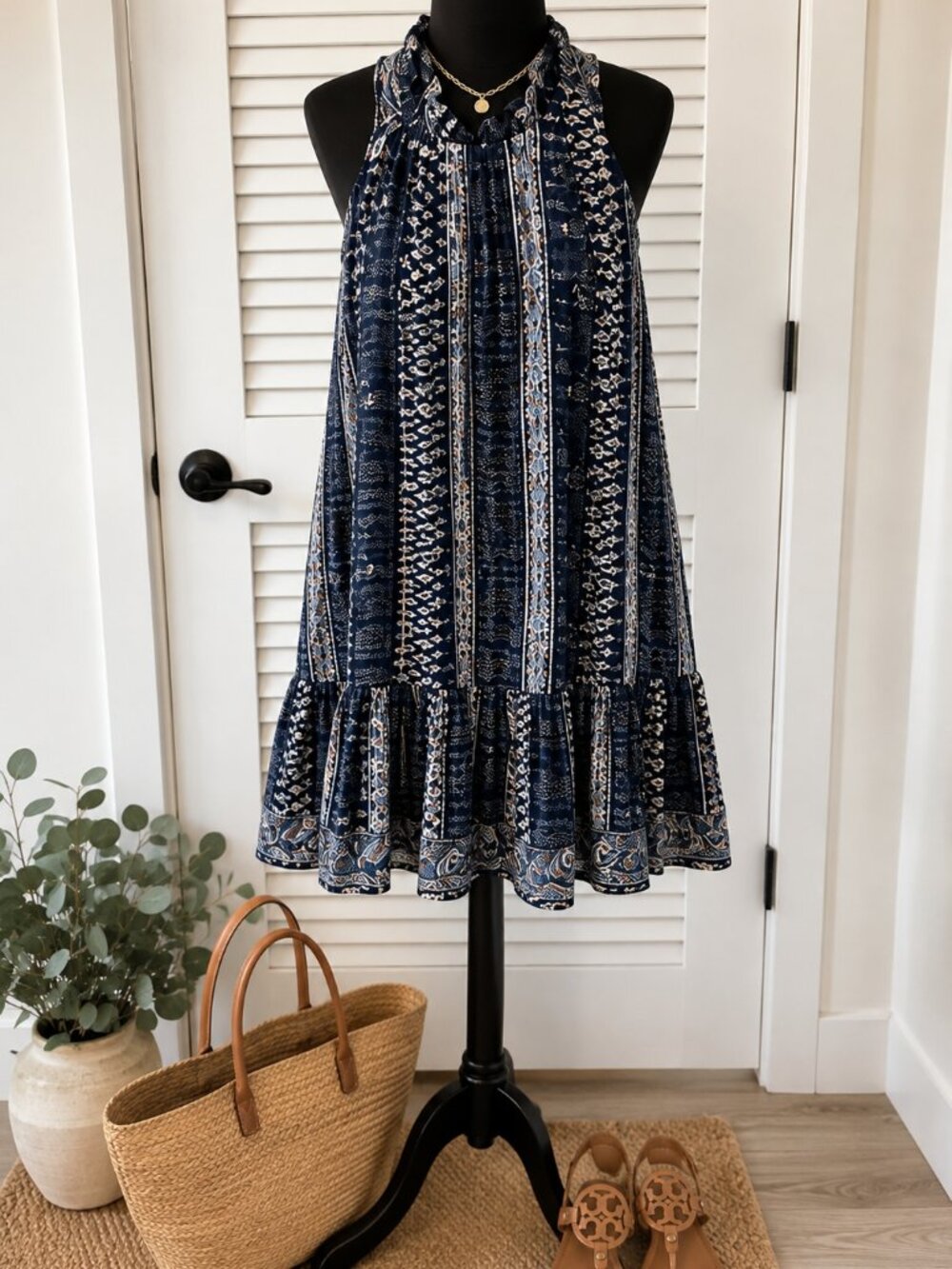 Olivaceous Boho Mini Dress Medium Navy White Sleeveless Swing Dress